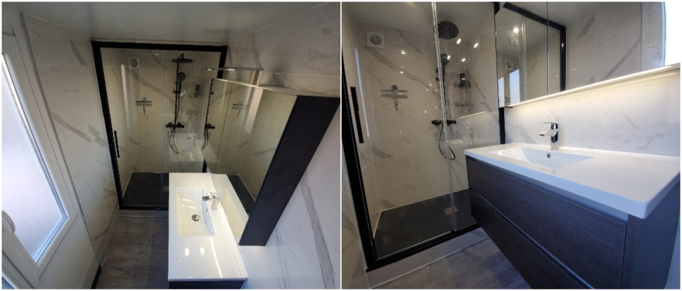 rénovation d'une salle d'eau à Saverne par Eau et Design, vue de la douche et du meuble vasque modernes installés